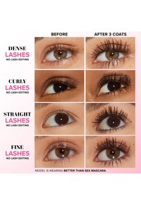 Vier Augenpaare zeigen unterschiedliche Wimpernstile: dicht, lockig, gerade und fein. Jedes Set zeigt ein Vorher-Nachher-Bild von Wimpern, die mit Mascara verbessert wurden.