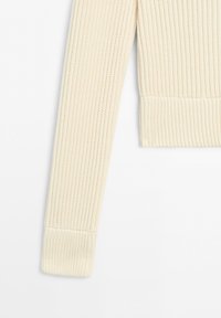 Cream-colored ribbed knit sweater sleeve with a wide cuff, shown on a white background.