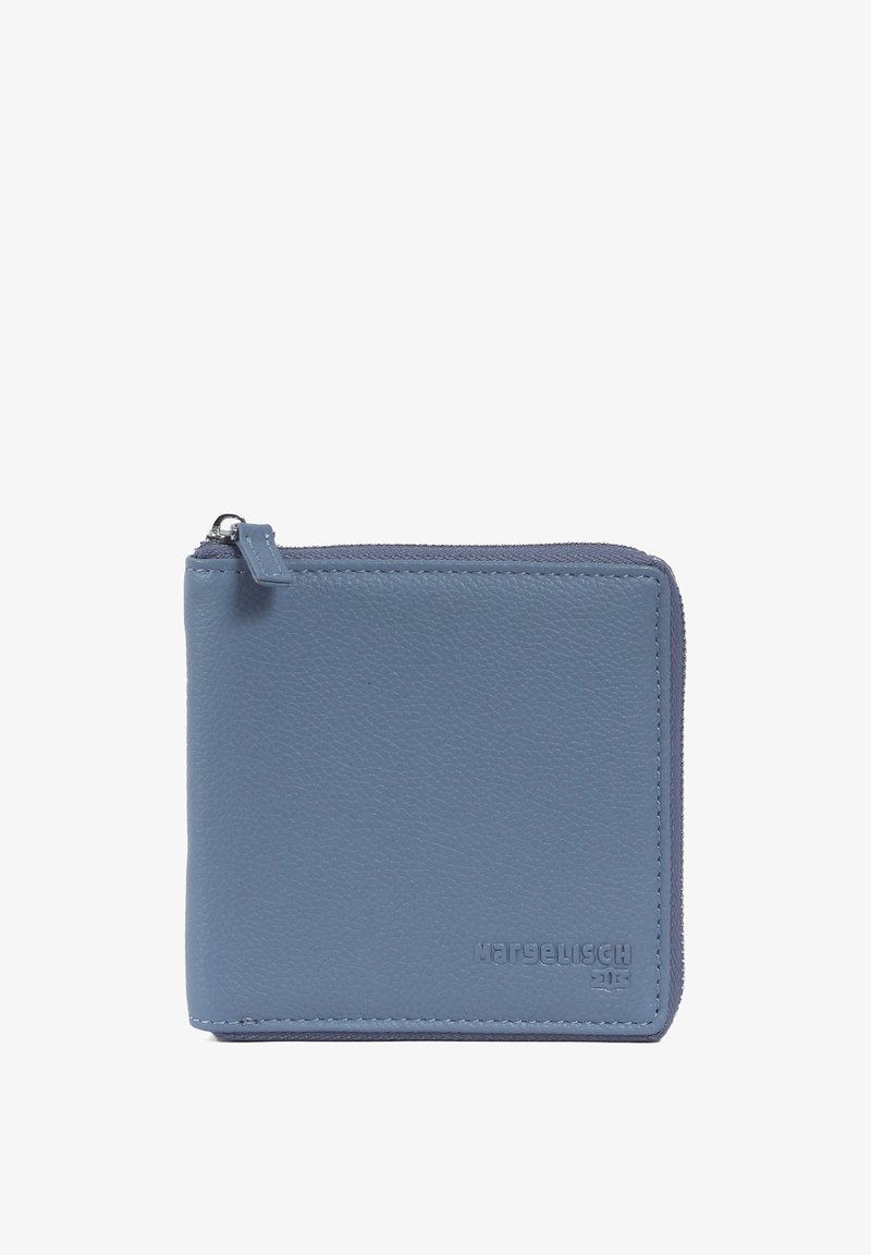 Blue leather wallet with a zip closure, textured surface, rounded edges, and embossed branding on the front. Compact square shape.