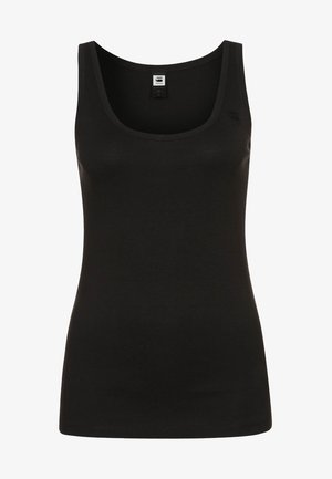 Black tank top made of smooth cotton, featuring a scoop neckline, sleeveless design, and a slim fit. Branding is minimal and discreet.