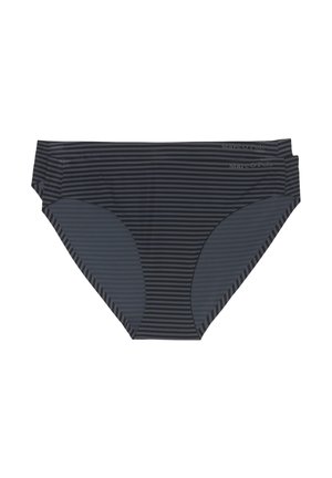 Dunkelgraue Bikinihose mit vertikalen Streifen. Glatte Textur, tiefer Sitz und dezentes Logo-Detail am Taillenbund.