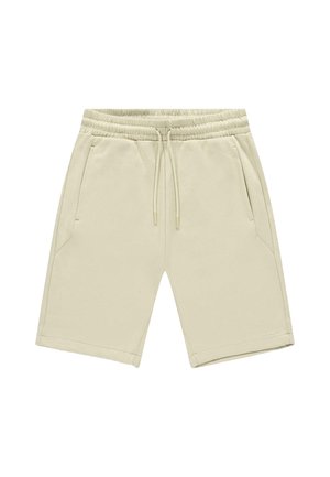 Lichtbeige korte broek gemaakt van zachte stof, met een elastische tailleband met trekkoord, zijzakken en een recht model.