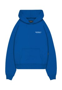Blue hoodie with a front pocket, ribbed cuffs, and hem. Features white text "RETERNITY CREATIVE DEPARTMENT" on the chest. Cotton material.