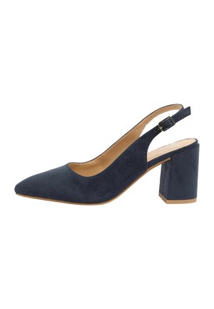 Navy blue suede slingback pump with pointed toe and block heel, featuring an adjustable buckle strap and tan inner lining.