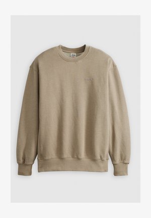 Khaki sweatshirt, bomuldsblanding, rund hals, ribbede manchetter og søm, har lille logo på venstre bryst, blød tekstur, afslappet pasform.