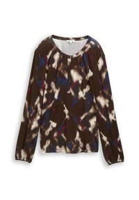 Langärmeliges Hemd in Braun mit farbenfrohem, abstraktem Muster, ausgestattet mit rundem Ausschnitt, Knopfleiste und gerafften Ärmeln.