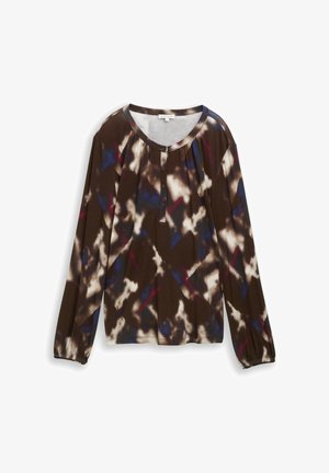 Koszula z długim rękawem w kolorze brązowym z kolorowym, abstrakcyjnym wzorem, posiadająca okrągły dekolt, zapinana na guziki, z marszczonymi rękawami.