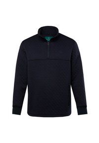 Sudadera de punto en color azul marino con un cuello alto, media cremallera en la parte delantera, mangas largas y bolsillos laterales. Presenta un patrón texturizado y puños elásticos.