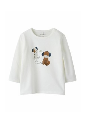 Weißes Langarmshirt mit rundem Ausschnitt und einer verspielten Illustration von zwei Cartoon-Hunden sowie dem Schriftzug "BEST FRIENDS".