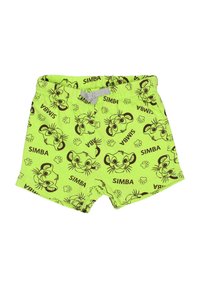 Groene katoenen shorts met een herhaald patroon van cartoonleeuwengezichten en pootafdrukken, met de naam "SIMBA" in bruine letters.