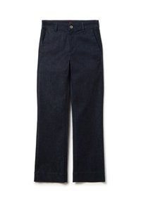 Pantalones de mezclilla azul oscuro con un diseño de pierna recta, que cuentan con bolsillos laterales y un cierre de botón frontal. Bajo ajustado con una textura sutil.