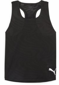 Juodas sportinis marškinėlis su kvėpuojančia tinklelio konstrukcija, su lenkto nugaros stiliumi. Išskirtinis Puma logotipas baltu spalva apatinėje dešinėje kampe.