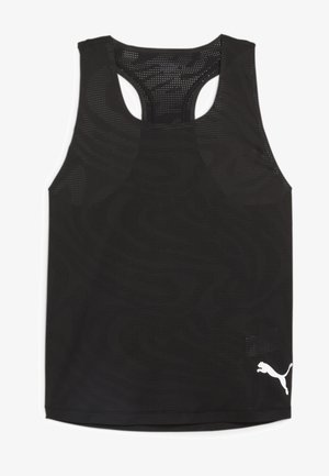 Schwarzes Sporttanktop aus atmungsaktivem Meshdesign mit Racerback-Stil. Auffälliges Puma-Logo in Weiß in der unteren rechten Ecke.