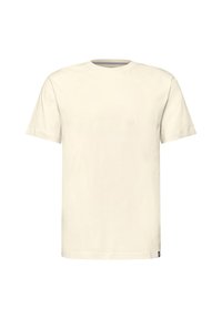 Hladké off-white tričko s krátkým rukávem a kulatým výstřihem, s klasickým střihem, zobrazené na bílém pozadí.