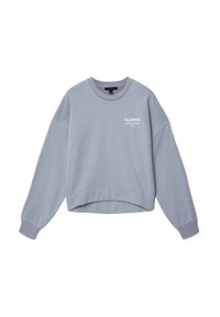Light blue crewneck sweatshirt with long sleeves and white "ALLSAINTS" logo text on the left chest, ribbed cuffs and hem.