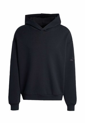 Sweat à capuche noir à manches longues, avec poignets et ourlet côtelés, et capuche, présenté sur un fond blanc.