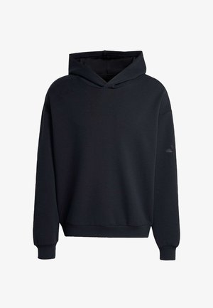 Sweat à capuche noir à manches longues, avec poignets et ourlet côtelés, et capuche, présenté sur un fond blanc.