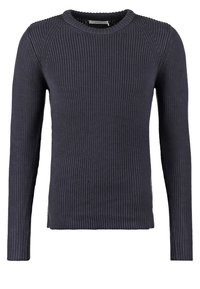 Pull tricoté bleu marine à manches longues avec texture côtelée et col rond, coupe ajustée.