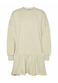 Krémové mikinové šaty s dlouhými rukávy, kulatým výstřihem a nabíraným volánem na spodním lemu. Měkký materiál s volným střihem a jednoduchým designem.