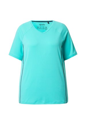 Turquoise sport T-shirt met V-hals, korte mouwen en contrasterende zwarte zijnaden. Gemaakt van ademend, vochtregulerend materiaal.
