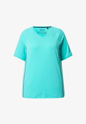 T-shirt sportivo turchese con scollo a V, maniche corte e cuciture laterali nere a contrasto. Realizzato in materiale traspirante e che assorbe l'umidità.