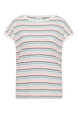 T-shirt blanc à manches courtes avec fines rayures horizontales noires, roses et bleu clair, col rond.