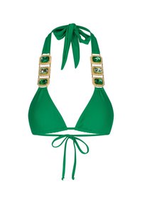 Due top verde con coppe a triangolo, nodo al collo e spalline decorate con gemme rettangolari in montature dorate. Tessuto testurizzato.