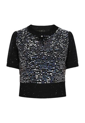 Maglione corto nero a maniche corte con un design decorato di paillettes, un colletto e orlo a coste, e un dettaglio a fiocco decorativo sulla parte anteriore.