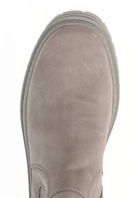 Gray suede boot with a round toe and elastic side panels. Features stitched detailing along the edges and a textured rubber sole.