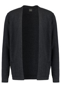Otwarty kardigan w ciemnoszarym kolorze o fakturowanym splocie, z dwoma przednimi kieszeniami i luźnym krojem. Charakteryzuje się prostym, minimalistycznym designem.