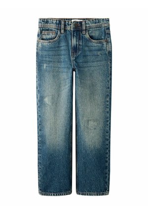 Hellblaue Jeans aus Denim mit geradem Bein, ausgewaschenem Finish, sichtbaren Nähten, zwei vorderen Taschen und einem Knopfverschluss in der Taille.