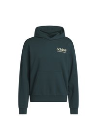 Tmavě zelená mikina vyrobená z měkkého materiálu, s přední kapsou, žebrovanými manžetami a vyšitým světle žlutým logem Adidas.