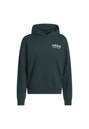 Sweatshirt verde escuro feito de material suave, com um bolso frontal, punhos canelados e um logo Adidas bordado em amarelo claro.