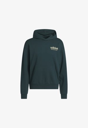 Tmavozelená mikina s kapucňou vyrobená z mäkkého materiálu, s prednou kapsou, rebrovanými manžetami a výšivkou svetložltého loga Adidas.
