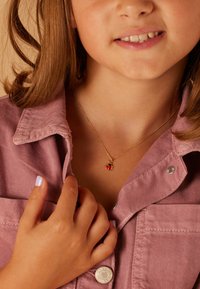 Gouden ketting met een hangertje van een rode en zwarte lieveheersbeestje, gedragen door een persoon in een roze korduroy shirt. Glad stof, eenvoudige sluiting.