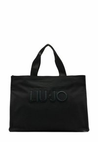 Borsa a tote in tessuto nero con logo "LIU•JO" in rilievo, due manici resistenti e forma rettangolare con una texture liscia.