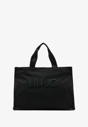 Borsa a tote in tessuto nero con logo "LIU•JO" in rilievo, due manici resistenti e forma rettangolare con una texture liscia.