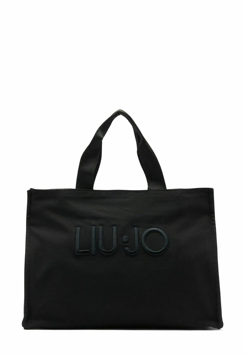 Borsa a tote in tessuto nero con logo "LIU•JO" in rilievo, due manici resistenti e forma rettangolare con una texture liscia.