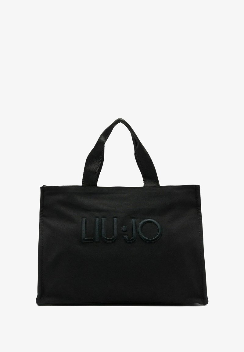 Borsa a tote in tessuto nero con logo "LIU•JO" in rilievo, due manici resistenti e forma rettangolare con una texture liscia.