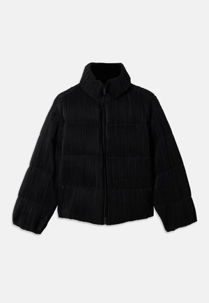 Black puffer jacket with a cropped silhouette, featuring a high collar, zip closure, and vertical ribbed texture. Soft fabric.