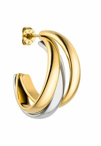 Gold- und silberfarbene Ohrpiercings mit ineinander verflochtenem Design. Glatte, reflektierende Oberfläche mit einem sicheren Verschluss. Nach außen gewölbt.