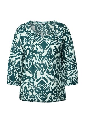 Grüne und weiße gemusterte Bluse mit V-Ausschnitt, Dreiviertelärmeln und Zugband-Akzenten. Weicher Stoff mit einem ausgefallenen Design.