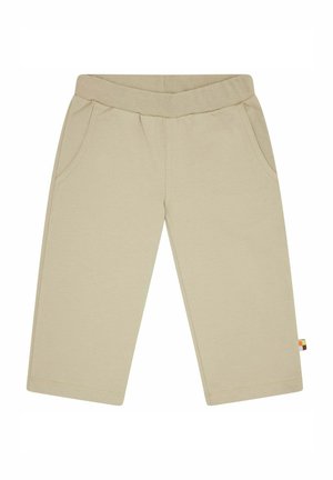 Pantaloni beige in cotone misto con elastico in vita, due tasche laterali, gambe dritte e un piccolo etichetta a blocchi di colore sul lato.