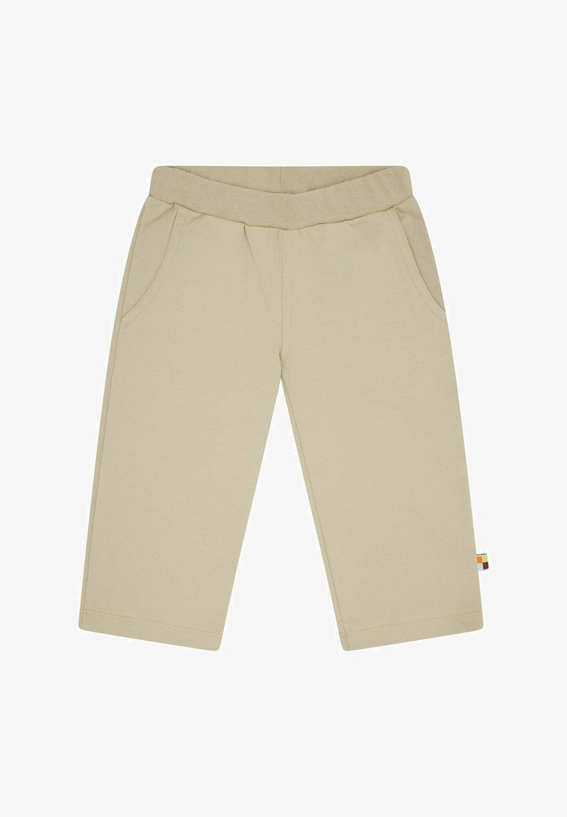 Beige katoenen broek in een katoenmix met een elastische tailleband, twee zijzakken, rechte pijpen en een klein kleur geblokt label aan de zijkant.