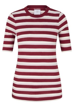Enges Kurzarmshirt mit horizontalen burgunderroten und weißen Streifen und rundem Ausschnitt.