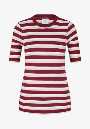 Chemise ajustée à manches courtes avec des rayures horizontales bordeaux et blanches et un col rond.