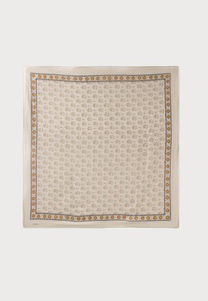 Quadratischer beiger Schal mit kleinem Blumenmuster und einem Rand aus größeren gelben Blumen und schwarzen dekorativen Linien.