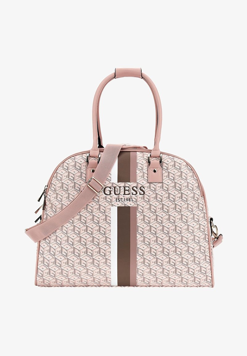 Roze patroon tote bag met dubbele handvatten en een verstelbare strap. Heeft een geometrisch ontwerp, logo en bivariate strepen. Soepele textuur.