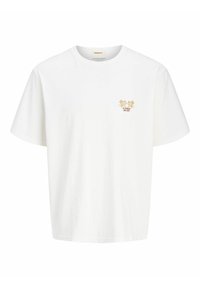 Hvid bomulds t-shirt med rund halsudskæring, korte ærmer og små, gyldne grafiske tryk på venstre bryst. Klassisk boxy pasform.