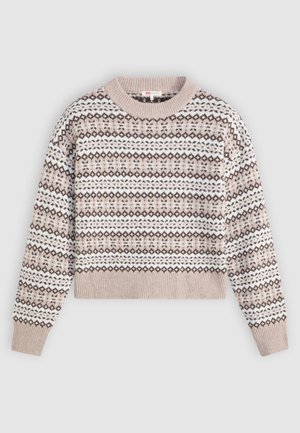 Gestrickter Pullover in Hellbeige mit einem geometrischen Muster in Braun und Weiß. Verfügt über einen runden Halsausschnitt sowie gerippte Bündchen und Saum. Kürzer geschnittenes Design.